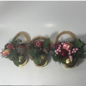 Set of 3 Vintage Christmas Jingle Bell Ornaments door hanger berry bow greenery
